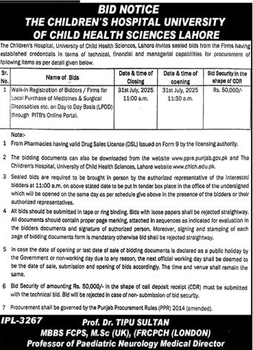 The Children's Hospital University of Child Health Sciences Lahore Tender Notice